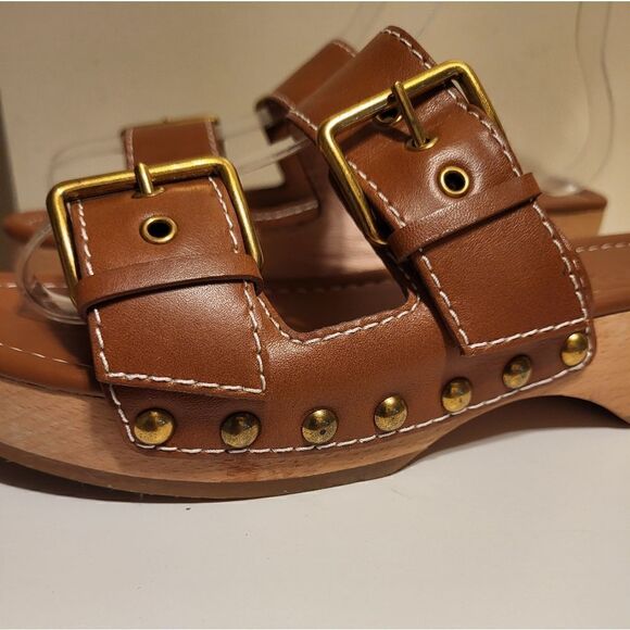 J. Crew Cognac Leather Double Strap/Buckle Wood Sole Sandals Sz.6 MSRP $188 - Picture 4 of 8